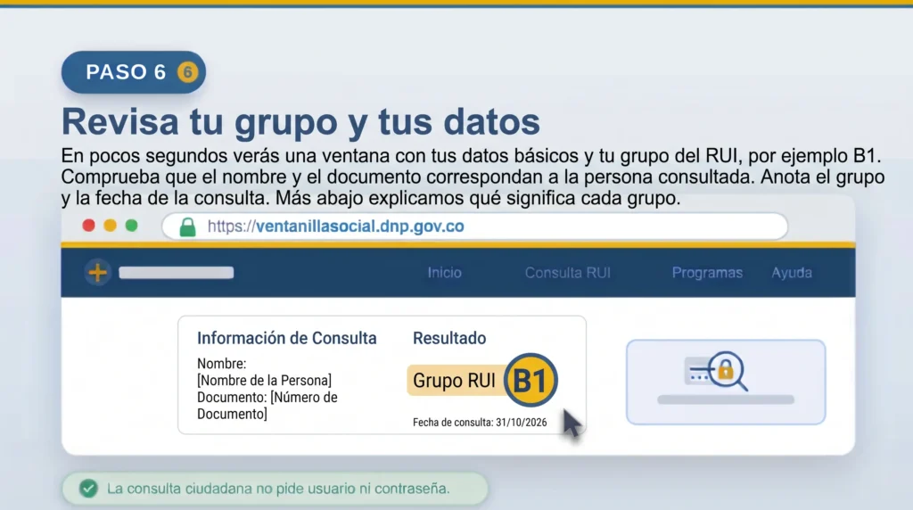Resultado de la consulta RUI con el grupo asignado y los datos básicos del ciudadano