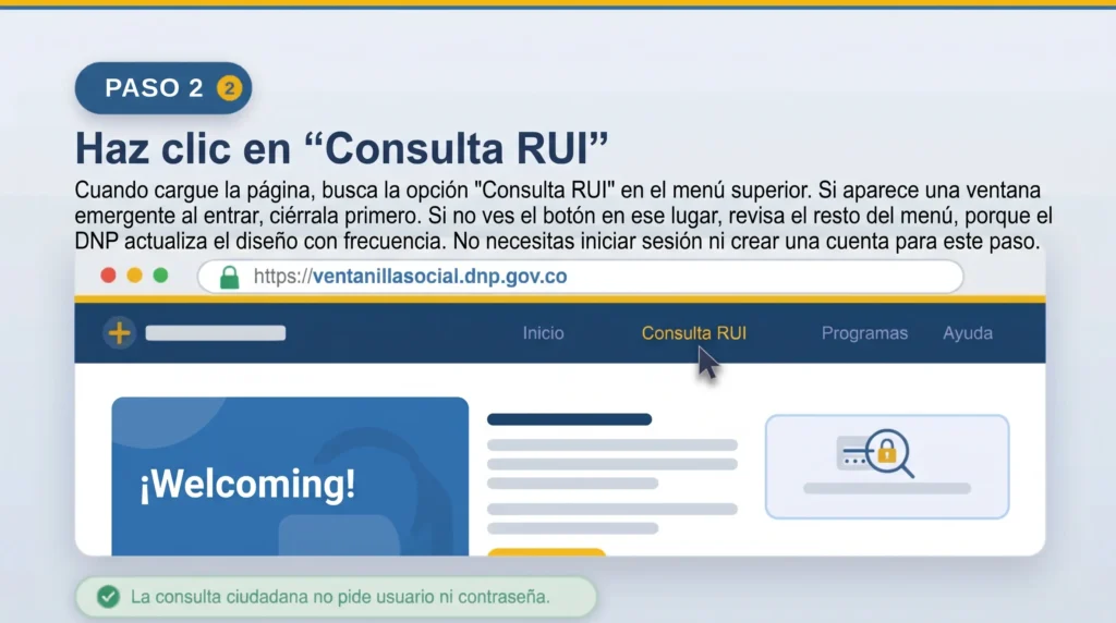 Botón Consulta RUI en el menú superior de la Ventanilla Social