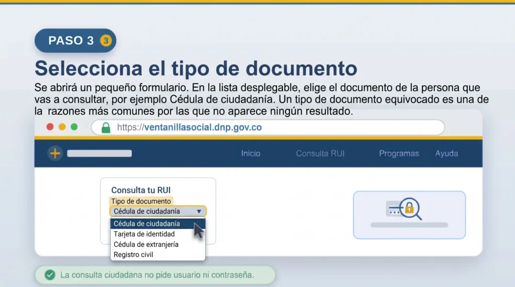 Formulario de consulta RUI con la lista de tipo de documento y cédula de ciudadanía seleccionada