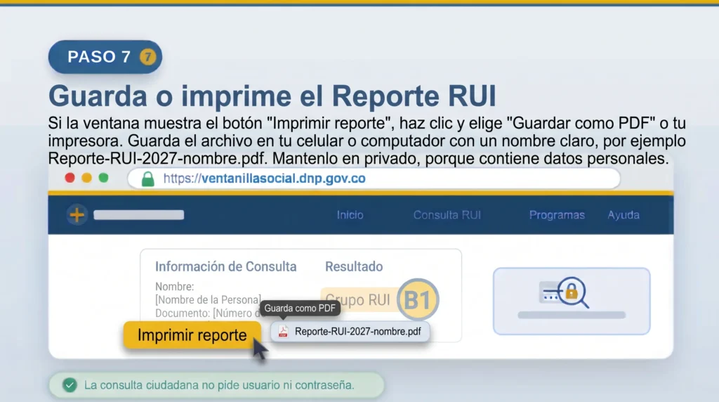 Botón Imprimir reporte para descargar el Reporte RUI en PDF