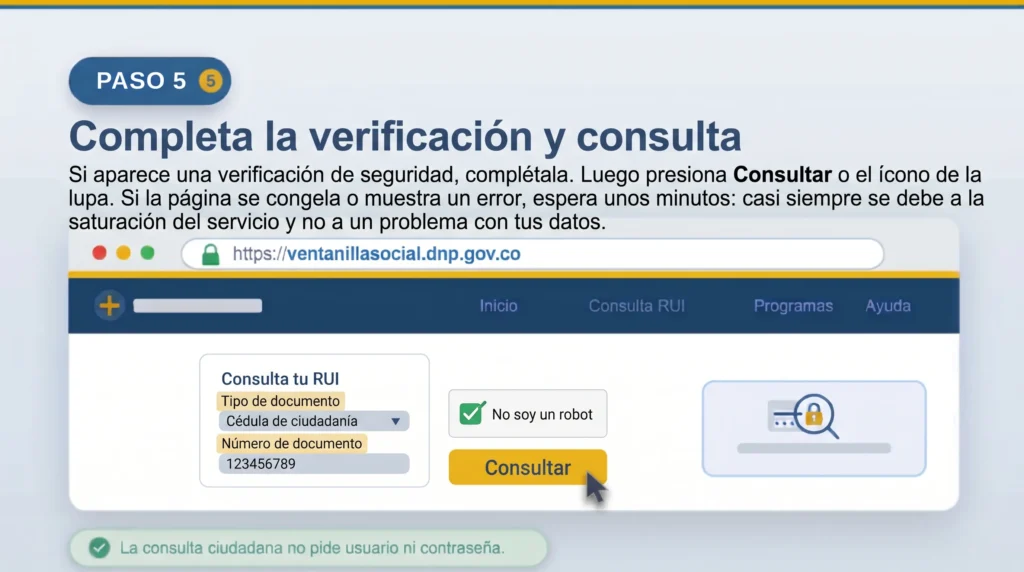 Verificación de seguridad y botón Consultar para buscar el RUI por cédula