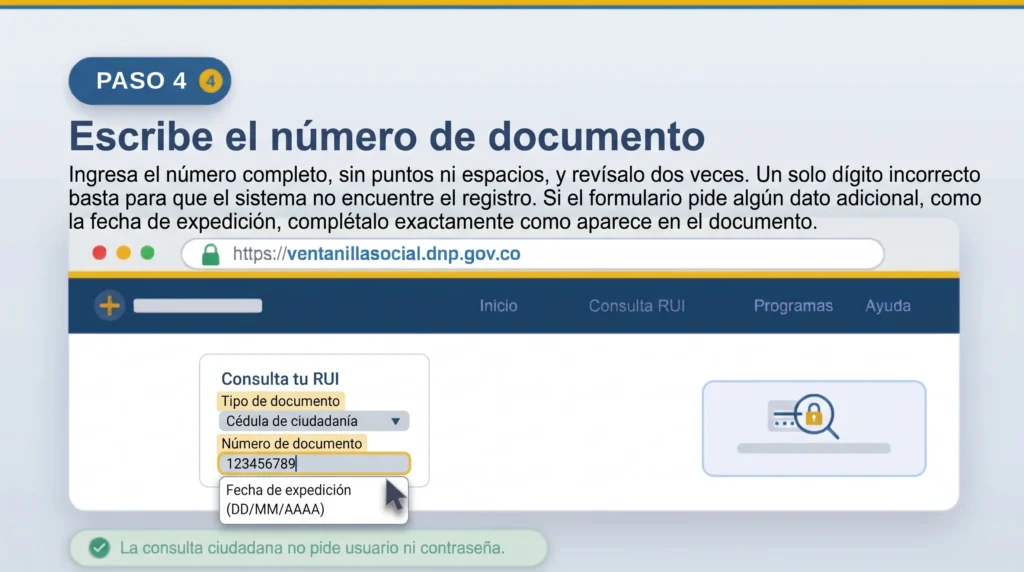 Campo para escribir el número de cédula en la consulta RUI de la Ventanilla Social